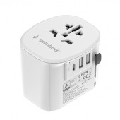 ALIMENTATOR retea 220V GEMBIRD, universal, conectori: US/UK/EU/AU, 1x USB Type-C 15W, 2x USB-A 12W, siguranta 10A, max. 2300W, alb