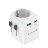 ALIMENTATOR retea 220V GEMBIRD, universal, EU la conectori: US/UK/CN/AU, cu impamantare, 1x Schuko, 1x USB Type-C PD 20W, 1x USB-A QC 18W, siguranta 10A, max. 2500W, alb