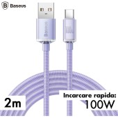 CABLU alimentare si date Baseus Crystal Shine, Fast Charging Data Cable pt. smartphone, USB la USB Type-C 100W, 2m, braided, mov  - 6932172602857