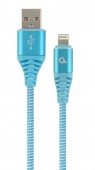 CABLU alimentare si date GEMBIRD, pt. smartphone, USB 2.0 la Lightning, 1m, premium, cablu cu impletire din bumbac, albastru cu insertii albe