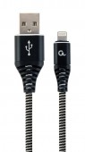 CABLU alimentare si date GEMBIRD, pt. smartphone, USB 2.0 la Lightning, 1m, premium, cablu cu impletire din bumbac, negru cu insertii albe
