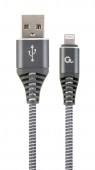 CABLU alimentare si date GEMBIRD, pt. smartphone, USB 2.0 la Lightning, 2m, premium, cablu cu impletire din bumbac, gri-metalic cu insertii albe
