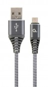 CABLU alimentare si date GEMBIRD, pt. smartphone, USB 2.0 la Micro-USB 2.0, 1m, premium, cablu cu impletire din bumbac, gri-metalizat cu insertii albe