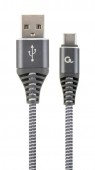 CABLU alimentare si date GEMBIRD, pt. smartphone, USB 2.0 la USB 2.0 Type-C, 1m, premium, cablu cu impletire din bumbac, gri-metalizat cu insertii albe