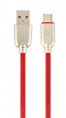 CABLU alimentare si date GEMBIRD, pt. smartphone, USB 2.0 la USB 2.0 Type-C, 1m, premium, cablu din cauciuc, rosu, conectori argintii
