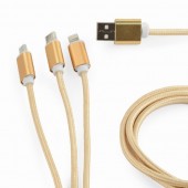 CABLU alimentare si date GEMBIRD, telefon, 3 + 1, USB 2.0 la Lightning + Micro-USB 2.0 + USB 2.0 Type-C, 1m, cablu impletit bumbac, incarcare simultana a 3 tipuri de telefoane, auriu
