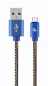 CABLU alimentare si date GEMBIRD, telefon, USB 2.0 la USB 2.0 Type-C, 1m, premium, conectori auriti, cablu cu impletire din bumbac, negru cu insertii galbene, conetori albastri