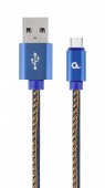 CABLU alimentare si date GEMBIRD, telefon, USB 2.0 la USB 2.0 Type-C, 2m, premium, conectori auriti, cablu cu impletire din bumbac, negru cu insertii galbene, conetori albastri