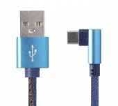 CABLU alimentare si date GEMBIRD, telefon, USB 2.0 la USB 2.0 Type-C, 90 grade, 1m, premium, conectori auriti, cablu cu impletire din bumbac, negru, conetori negri