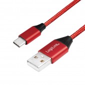 CABLU alimentare si date LOGILINK, pt. smartphone, USB 2.0 la USB 2.0 Type-C, 0.3m, premium, cablu cu impletire din bumbac, rosu