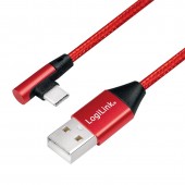 CABLU alimentare si date LOGILINK, pt. smartphone, USB 2.0 la USB 2.0 Type-C la 90 grade, 0.3m, premium, cablu cu impletire din bumbac, rosu