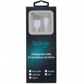 CABLU alimentare si date SPACER, pt. smartphone, USB 3.0 la Type-C, PVC,2.1A,Retail pack, 1.8m, alb