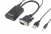 CABLU video GEMBIRD, adaptor VGA + Jack 3.5mm la HDMI, 15cm, rezolutie maxima Full HD la 60Hz, conecteaza placa video cu VGA la monitor HDMI, cablu power USB, negru