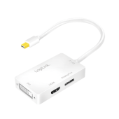 CABLU video LOGILINK, adaptor mini DisplayPort 1.2 la HDMI + DVI + DisplayPort, 0.15m, rezolutie maxima 4K UHD la 60 Hz, conectori auriti, plastic, triplu ecranaj, alb