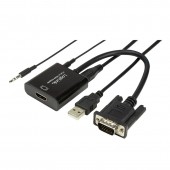 CABLU video LOGILINK, adaptor VGA + Jack 3.5mm la HDMI, 15cm, rezolutie maxima Full HD la 60Hz, conecteaza placa video cu VGA la monitor HDMI, cablu power USB, negru