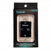 CARD READER extern SPACER, 3 in 1, interfata USB 2.0, USB Type C, Micro-USB, citeste/scrie: SD, micro SD; adaptor USB Type C la USB sau Micro-USB; plastic, negru