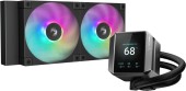 Cooler DeepCool MYSTIQUE 240, skt. Intel si AMD, racire cu lichid, 2 x 120mm, 600 - 2400 RPM, iluminare RGB, afisaj digital, negru
