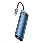 DOCKING Station Baseus Metal Gleam, conectare PC USB Type-C, USB 3.0 x 3, 1 x Card reader SD/MicroSD, USB Type C x 1 PD 100W 5V / 9V / 14.5V / 20V 5A, Gigabit RJ-45 x 1, HDMI x 1/4K/30Hz, albastru