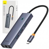 DOCKING STATION Baseus UltraJoy 4 in 1, input USB Type-C, output 3 x USB 3.0 / 1 x LAN RJ45, gri  - 6932172630799