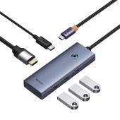 DOCKING STATION Baseus UltraJoy 5 in 1, conectare PC USB Type-C x 2, USB 3.0 x 3, USB Type C x 1, HDMI x 1/4K/30Hz, gri  - 6932172657727