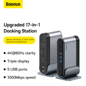 DOCKING Station Baseus UnionJoy 17-Port, conectare PC USB-C, 2xHDMI4K/60Hz, 1xDP4K@60Hz, 3xUSB3.0, 2xUSB Type-C, 2xUSB, 1xPD, 1xRJ45, 1xcard reader SD/TF, 1xjack 3.5mm, 1xDC, gri  - 6953156205932