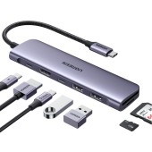 DOCKING Station Ugreen, CM195 conectare PC USB Type-C, USB 3.0 x 2|HDMI x 1/4K/30Hz|Card reader x 1|USB Type C x 1 PD 100W, aluminiu, gri