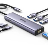 DOCKING Station Ugreen, CM512 conectare PC USB Type-C, USB 3.0 x 3| RJ-45 Gigabit x 1|HDMI 4K x 1 la 30Hz|USB-C x 1 PD 100W, aluminiu, gri - 6941876215980