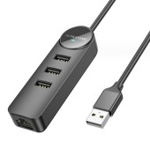 HUB extern Borofone DH6, porturi USB: USB 2.0 x 3, RJ-45 x 1, conectare prin USB 2.0, lungime 120cm, negru