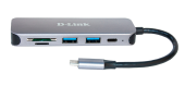 HUB extern D-LINK, porturi 2 x  SuperSpeed USB 3.0, 1 x USB-C port with data sync, Dual-Slot SD/microSD/SDHC/SDXC Card Reader, conectare prin USB Type C, cablu 10 cm, metalic, argintiu