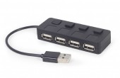 HUB extern GEMBIRD, porturi USB: USB 2.0 x 4, conectare prin USB, cu on/off, cablu 0.15 m, negru, 