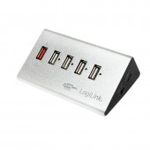 HUB extern LOGILINK, porturi USB: USB 2.0 x 4, Fast Charging Port, conectare prin USB 2.0, alimentare retea 220 V, argintiu