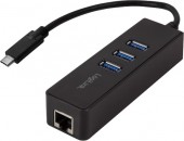 HUB extern LOGILINK, porturi USB: USB 3.0 x 3, conectare prin USB 3.2 Type C, cablu 0.1 m, retea 10/100/1000 Mbps, negru