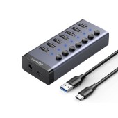 HUB extern Ugreen, CM481 porturi USB: USB 3.0 x 7, conectare prin USB Type-C, alimentare separata, aluminiu, lungime 15 cm, gri