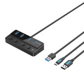 HUB Vention, 5-in-1, USB 3.0 x 4 porturi, incarcare prin USB Type-C, viteza 5 Gbps, cablu 1m, conectare prin USB 3.0, intrerupatoare individuale, negru,  (