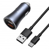 INCARCATOR auto Baseus Golden Contactor, 2 x USB Output 5V/3A, total output 40W, include cablu 5A USB la USB Type-C de 1m, pt. bricheta auto, gri  - 6953156201996