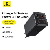 INCARCATOR RETEA Baseus GaN6 Pro, Quick Charge 100W, 2 x USB Type-C Output 5V/3A, 2 x USB, negru  - 6932172644505