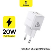 INCARCATOR retea Baseus Palm, Quick Charge 20W, 1 x USB, 1 x USB Type-C 5V/3.0A, include cablu USB Type-C la USB Type-C 1m, alb  - 6932172677374