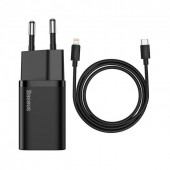 INCARCATOR retea Baseus Super Si, Quick Charge 20W, 1 x USB Type-C 5V/3A max, include cablu USB Type-C la Lightning Iphone 1m, negru  - 6953156230057