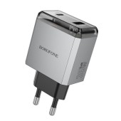 INCARCATOR retea Borofone BN20 , Quick Charge 35W, 1 x USB, 1 x USB Type-C, gri metal