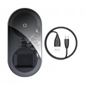 INCARCATOR wireless Baseus Simple 2 in 1 Qi 18W, compatibilitate smartphones si airpods, cablu Type-C la USB inclus, negru transparent  - 6953156212060