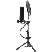 LORGAR Voicer 721, Gaming Microphone, Black, USB condenser microphone with tripod stand and pop filter