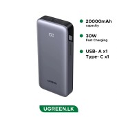 POWER BANK Ugreen, PB532, 20000mAh, 30W, 2 x USB Type-C input/output, 1 x USB, display, gri